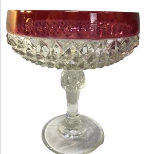 Vintage Indiana Glass Diamond Point Ruby pattern pedestal with red rim 7.5”
